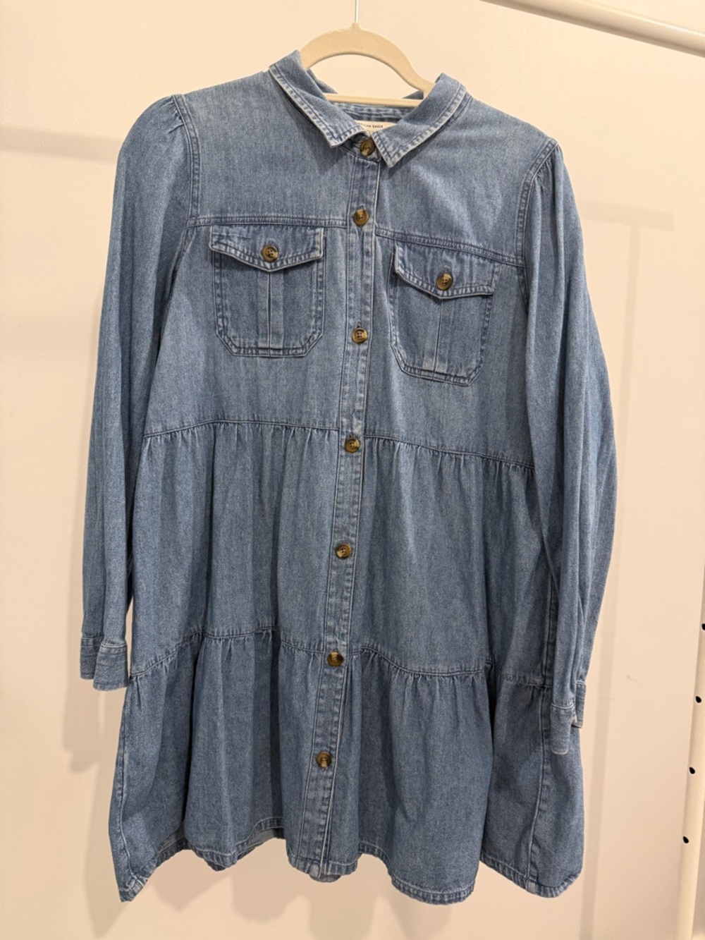 American Eagle Outfitters Light Blue Denim Tiered Button-Front Dress